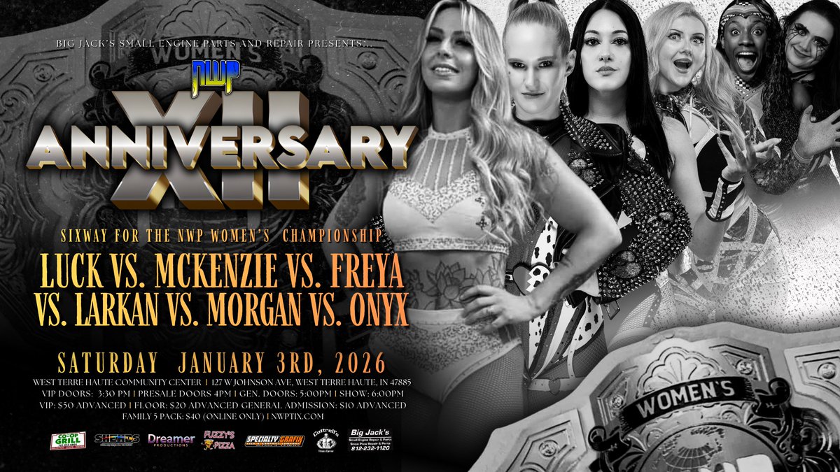 NewWavePro's tweet photo. 6 Way Women’s Elmination Match! 
For The Inaugural New Wave Pro Women’s Championship! 

@WWEID ‘s Women Champion Laynie Luck Vs Freya The Slaya Vs Lovely Miss Larkan Vs Mackenzie Morgan Vs Shazza McKenzie Vs Blair Onyx 

@LaynieLuck @freya_the_slaya @LarkanDanielle @RealMKZMorgan @Shazza_McKenzie @blairxyno 

🎥LIVE ON IWTV🎥
@IndieWrestling 
⭐️SPONSORSHIPS AVAILABLE⭐️
🎟️TICKETS ARE AVAILABLE🎟️
https://t.co/w2ewFH9dNe…
January 3rd, 2026 
VIP Doors: 3:30pm
Presale GA Doors: 4:00PM
GA Doors: 5:00PM
Bell Time: 6:00PM
West Vigo Community Center 
127 W Johnson Ave, West Terre Haute, IN
#Wrestling #ProWrestling #NewWavePro
#Indiana