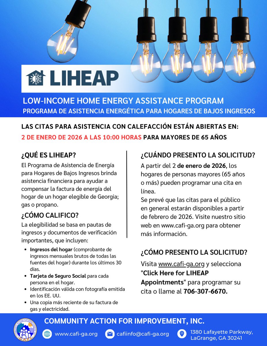 CAFI_Inc_GA's tweet photo. #LIHEAP appointments for seniors 65 and older will open on January 2, 2026 at 10:00 AM. To schedule an appointment, visit our website at https://t.co/BYx3GtGYsP or call 706-307-6670.
#CAFI #UtilityAssistance #EnergyAssistance https://t.co/61GypEzOjn