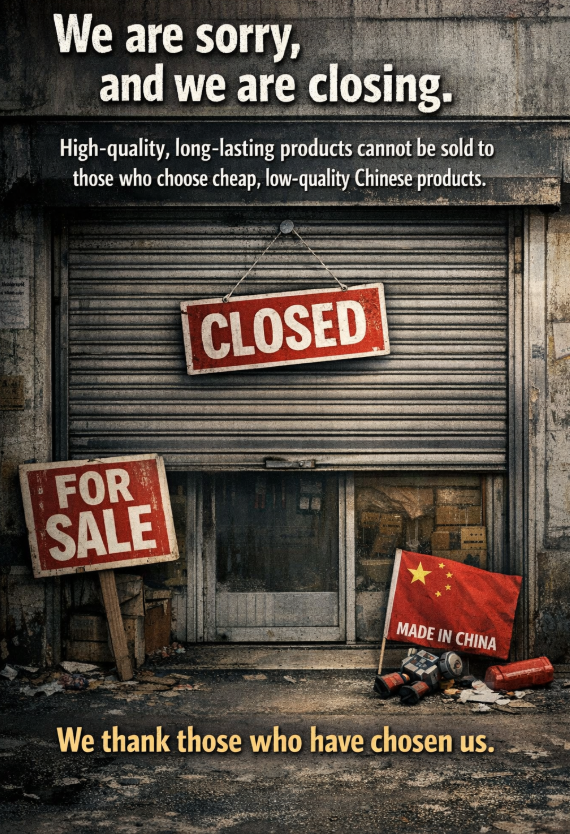 We are sorry, and we are closing.

High-quality, long-lasting products cannot be sold to those who choose cheap, low-quality Chinese products.

We thank those who have chosen us.