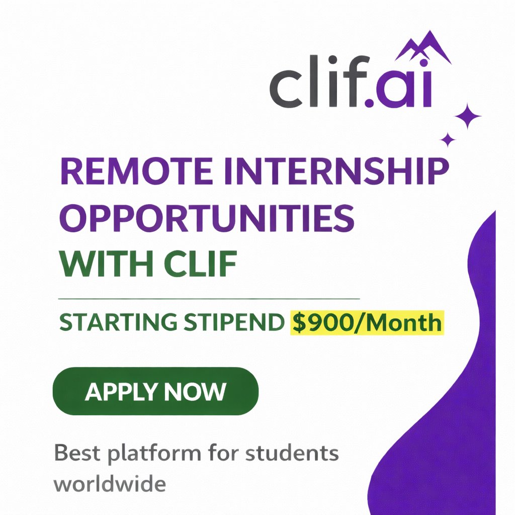 Remote Internship Opportunities with CLIF! 

Looking to gain real global work experience without leaving your home? CLIF brings you remote internship opportunities with a starting stipend of $900 USD.

Work with international teams, build industry-relevant skills, and strengthen