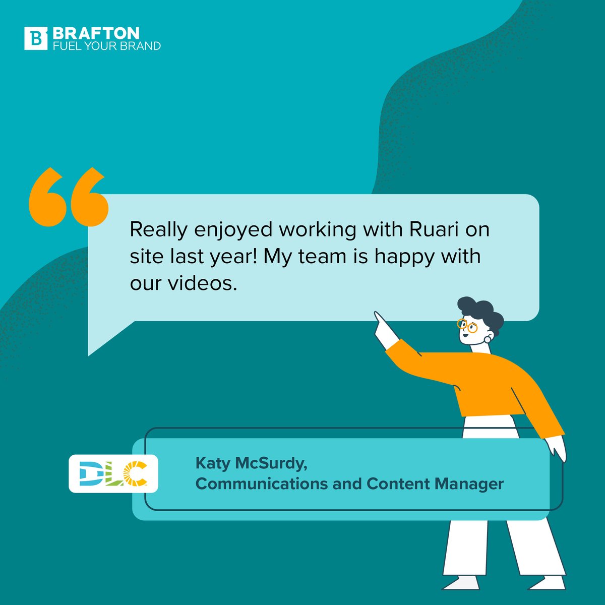 Brafton's tweet image. Katy McSurdy from DLC has enjoyed both our digital content, creative collaborations and on-site support. Yep, we operate on location, too!

#Brafton #VideoProduction #MultipleVerticals