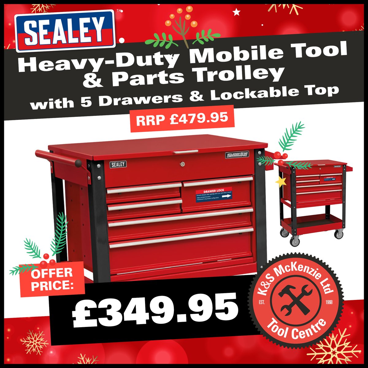 This Heavy-Duty Mobile Tool and Parts Trolley with 5 Drawers and Lockable Top is just one of the offers in our Christmas Special Offers Brochure from Sealey. 

Browse the full brochure here: toolcentrecarlisle.co.uk/publications