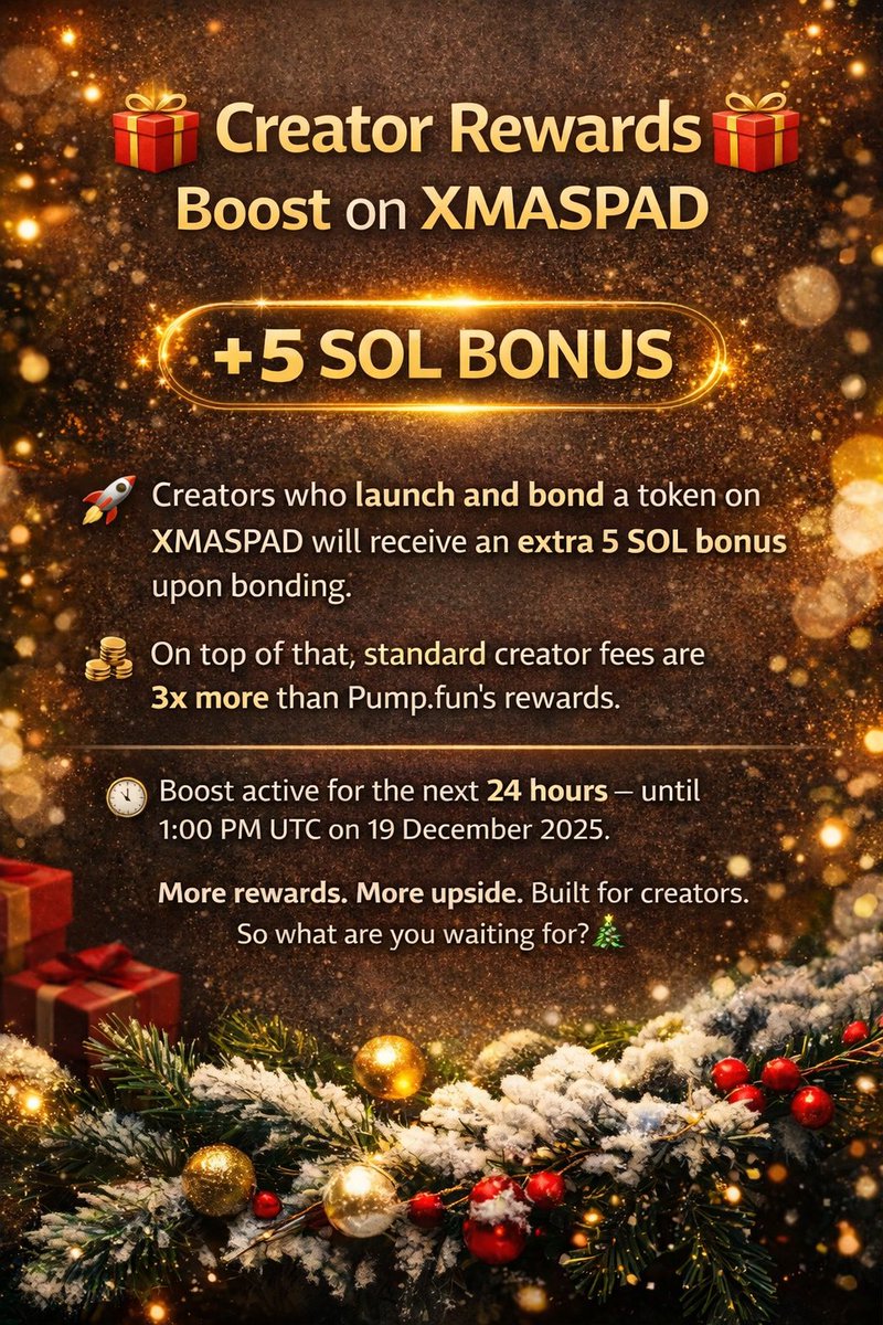 xmaspad's tweet photo. Creators,

Even if your project doesn’t bond, you’re still earning 3× @pumpfun fees on XMASPAD.

We’re here to give back this season.
Creators first. Always. https://t.co/oK5RPYM0ZP