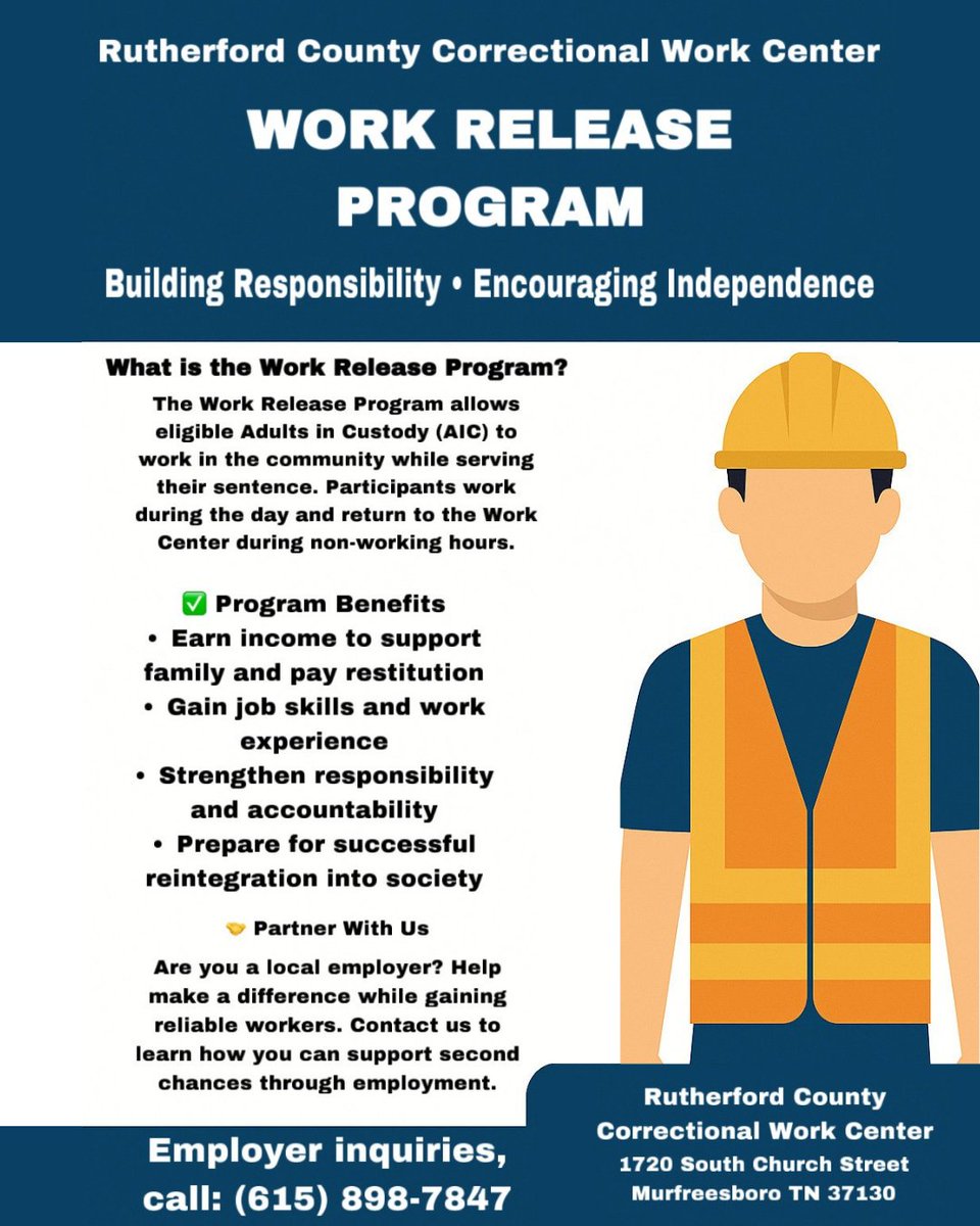 RuthWorksTN's tweet photo. Need reliable workers AND want to make a positive community impact? The Rutherford County Correctional Work Release Program delivers both! ๐ผ ๐ค
Contact 615-898-7847 to learn how your business can participate. #WorkforceStrength #CommunityImpact #RutherfordWorks https://t.co/hz4eCRdDhN