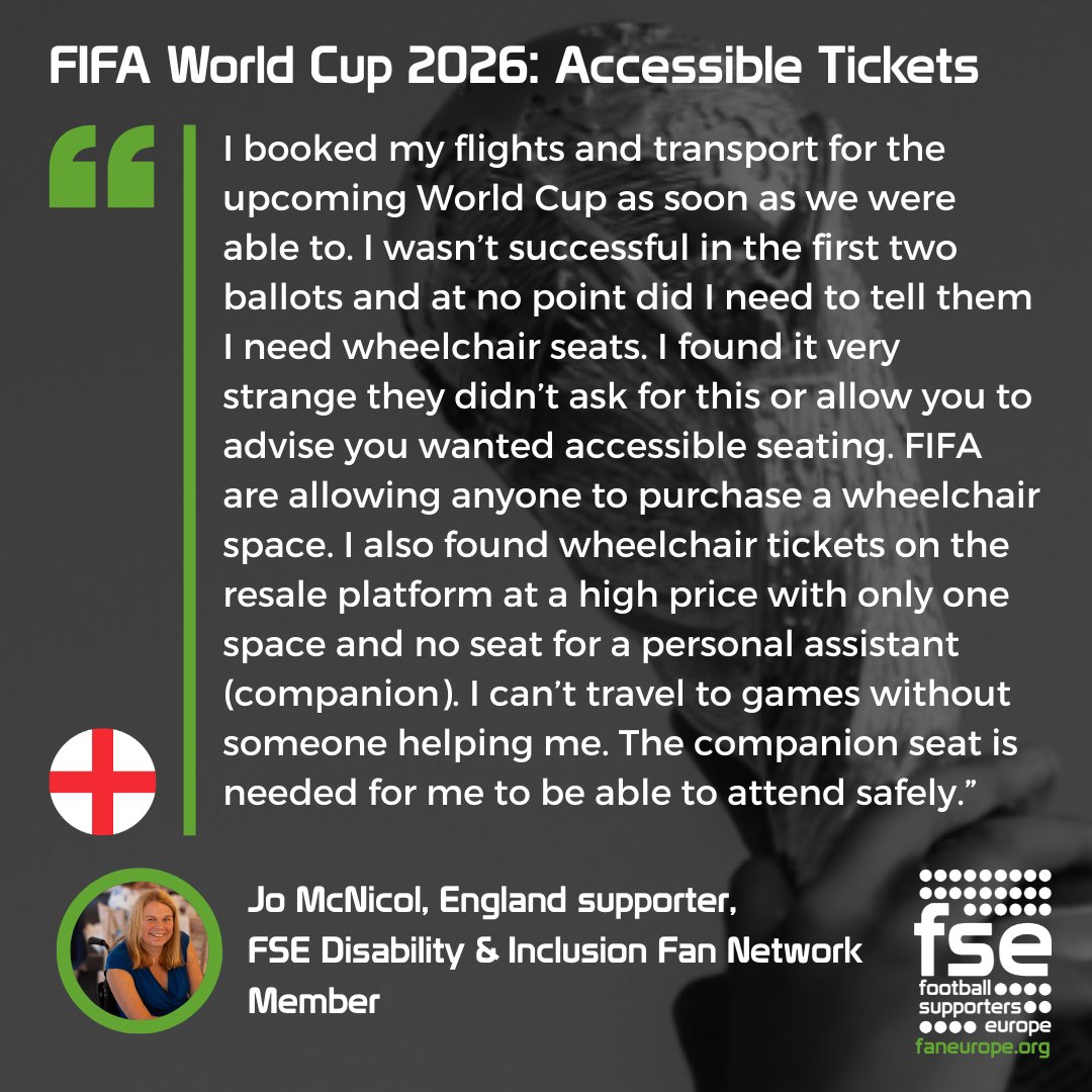 FansEurope's tweet image. ❌ No reduced prices for accessibility tickets
❌ No free companion passes
❌ Zero genuine dialogue
❌ Zero protection from scalping on resale platform

@FIFAcom is ignoring fans with disabilities who want to back their team at the @FIFAWorldCup.

Here are some of their voices.