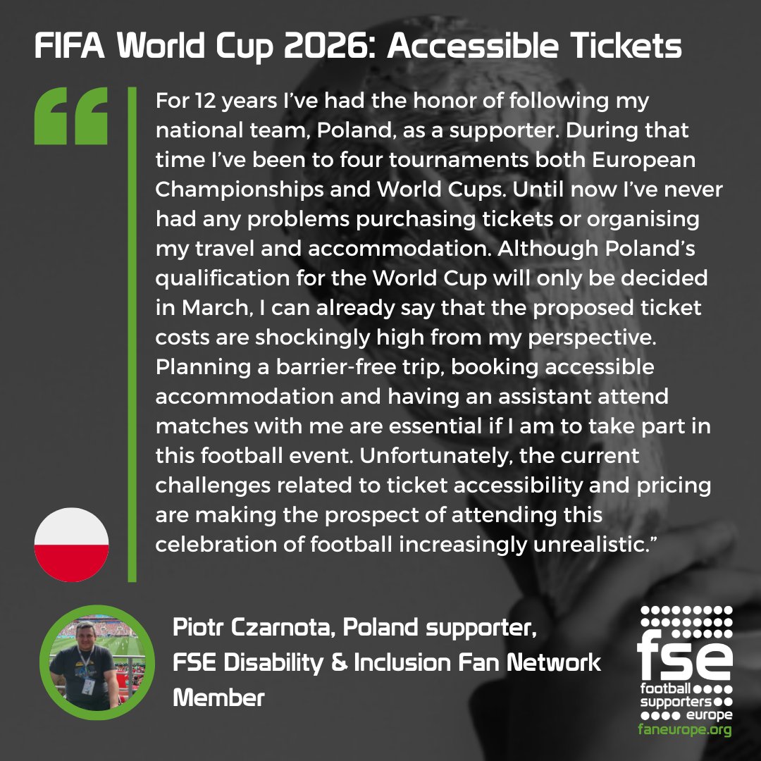 FansEurope's tweet image. ❌ No reduced prices for accessibility tickets
❌ No free companion passes
❌ Zero genuine dialogue
❌ Zero protection from scalping on resale platform

@FIFAcom is ignoring fans with disabilities who want to back their team at the @FIFAWorldCup.

Here are some of their voices.