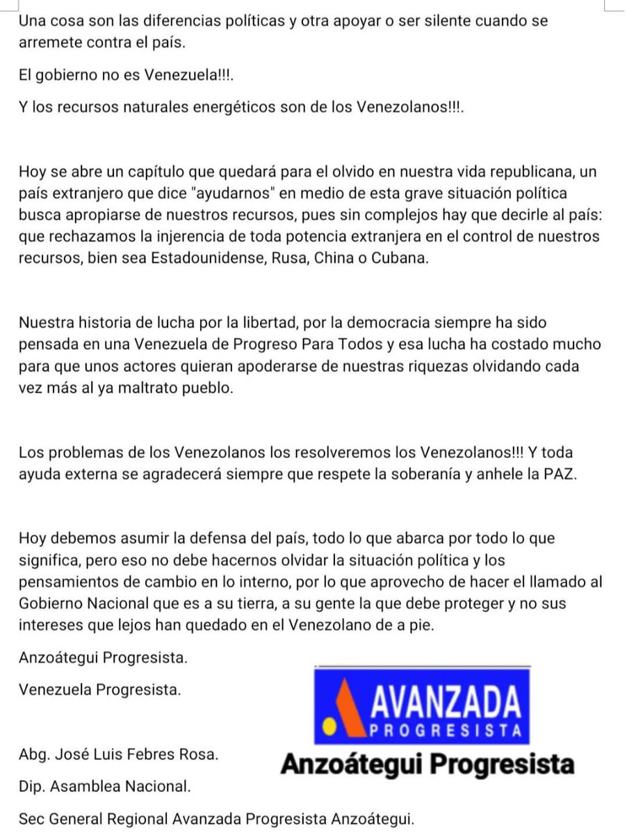 APAnzoategui's tweet image. Una cosa son las diferencias políticas y otra apoyar o ser silente cuando se arremete contra el país.
El gobierno no es Venezuela!!!.
Y los recursos naturales energéticos son de los Venezolanos!!!.
@AProgresistaVE 
@APAnzoategui 
@luisromeroc 
@joseluisfebresr