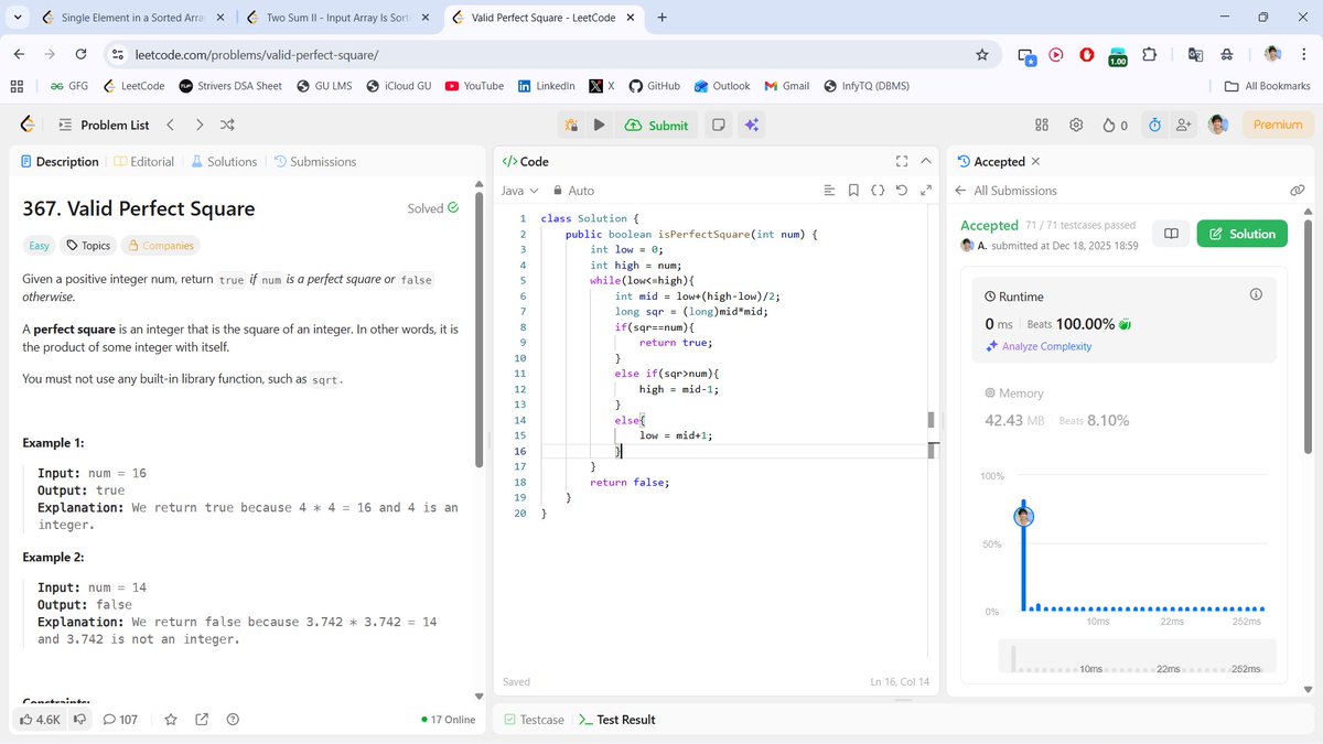 beingbashar06's tweet image. #Day08 of #100DaysOfCodeChallenge

4 problems solved today — Binary Search &amp;amp; math logic doing the heavy lifting ✅

• Count Odd Numbers
• Valid Perfect Square
• Two Sum II
• Single Element

Simple logic. Clean approach.
Day 8 done. 🔥
#DSA #LeetCode #Day8