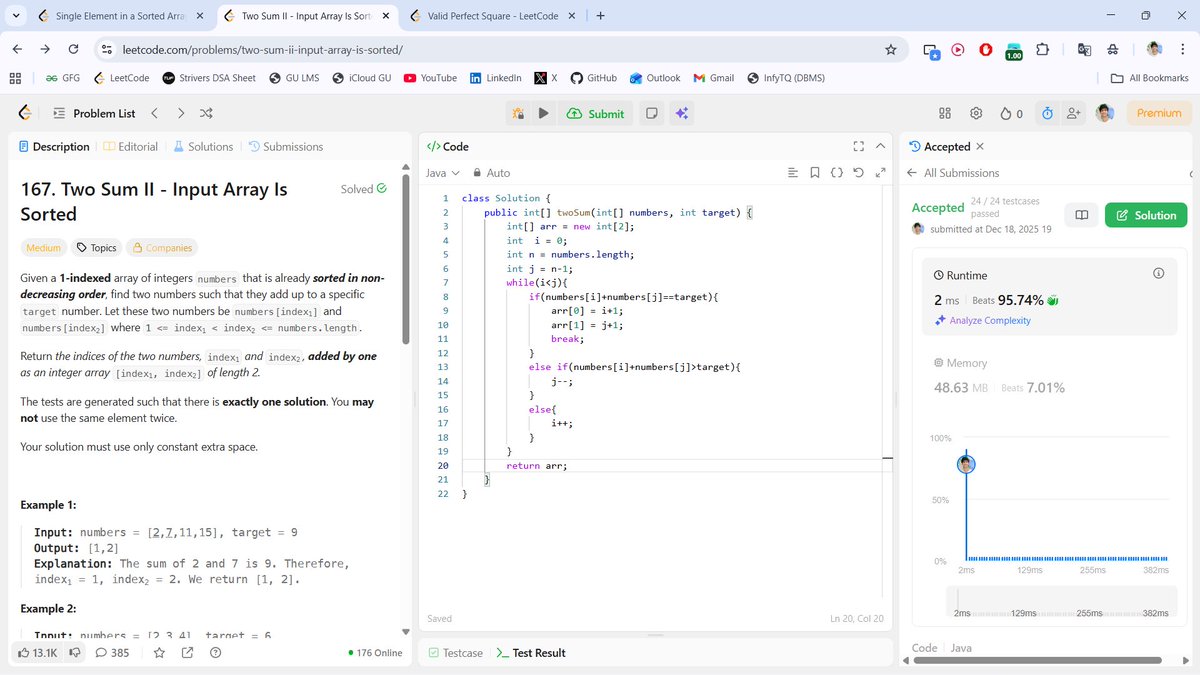 beingbashar06's tweet image. #Day08 of #100DaysOfCodeChallenge

4 problems solved today — Binary Search &amp;amp; math logic doing the heavy lifting ✅

• Count Odd Numbers
• Valid Perfect Square
• Two Sum II
• Single Element

Simple logic. Clean approach.
Day 8 done. 🔥
#DSA #LeetCode #Day8