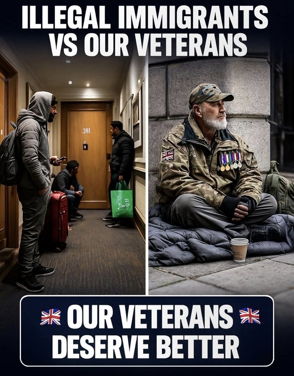 Illegal migrants housed.
Veterans sleeping rough.

A country that looks after those who arrive illegally before those who served it
has its priorities backwards.

This isn’t compassion.
It’s failure.

🇬🇧 Our veterans deserve better.

🔁 Repost if you agree.