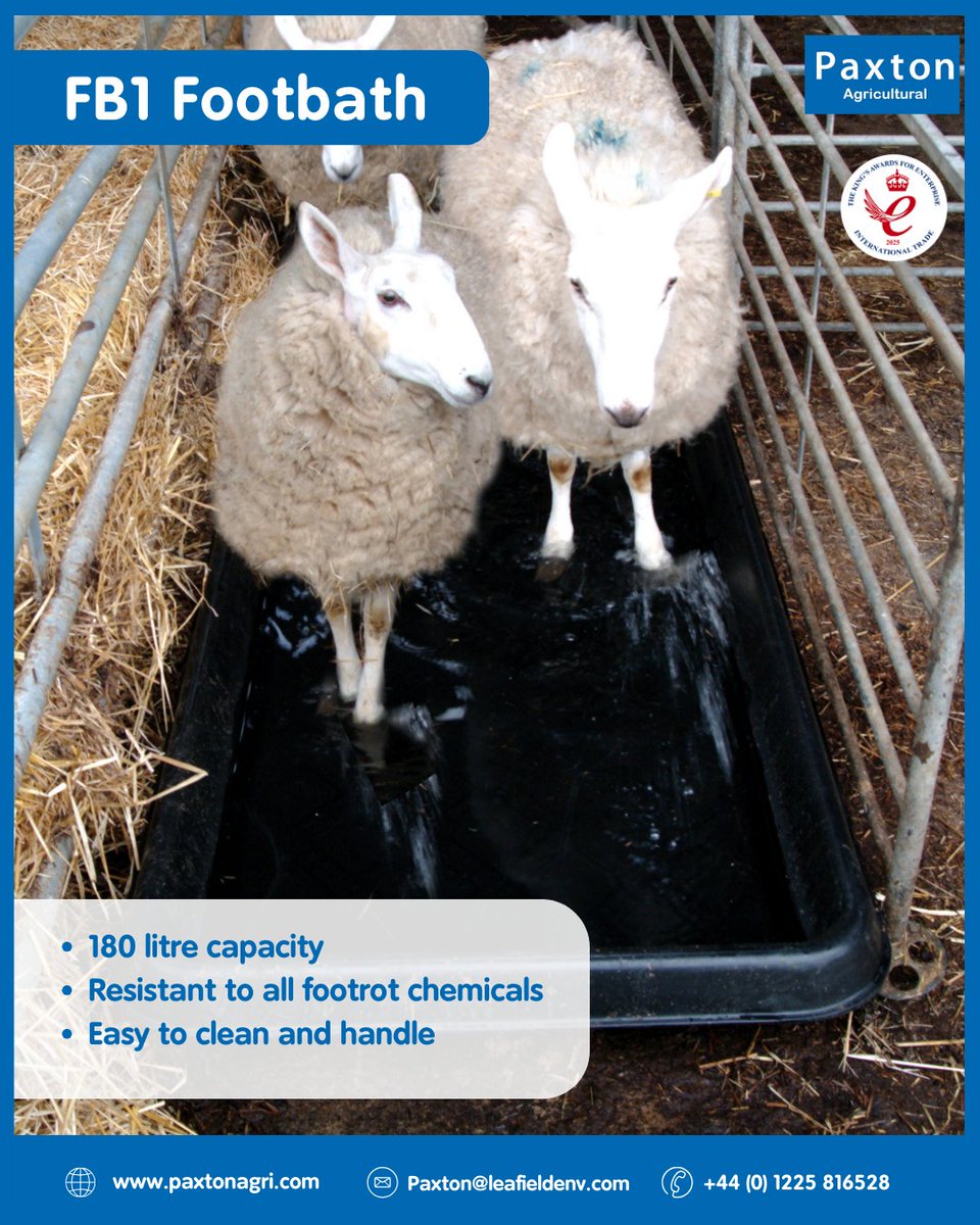 FB1 Footbath offers 180L capacity with an anti-slip base for safe &amp; effective footrot treatment. 
Smooth large-radius corners, tough one-piece moulding &amp; surfaces that resist footrot chemicals!

Find out more 👇
paxtonagri.com/product/fb1-fo…

#livestock #agriculture #footbath #ukmade