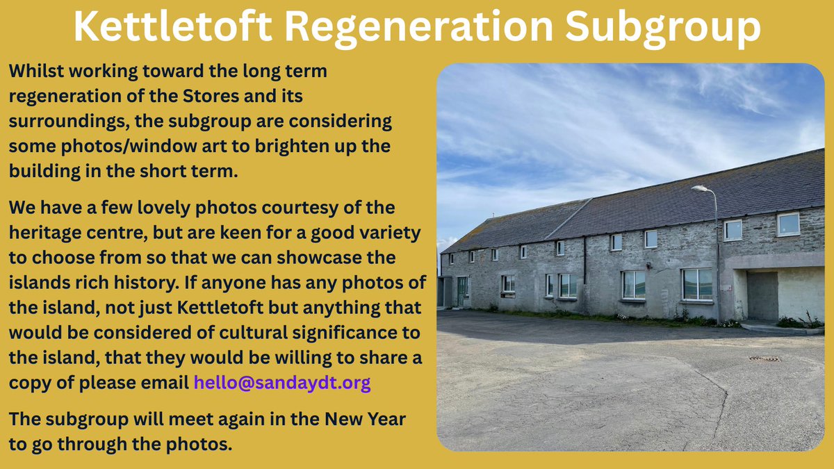 SandayDT's tweet photo. If anyone has any photos of the island, not just Kettletoft but anything that would be considered of cultural significance to the island, that they would be willing to share a copy of please email hello@sandaydt.org https://t.co/KGODXL0nTs