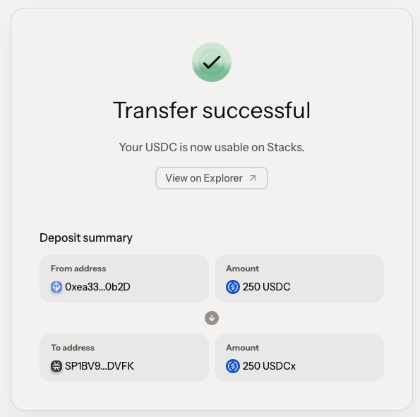 alexlmiller's tweet photo. "Your USDC is now usable on Stacks" https://t.co/Yrw3UtF8CX