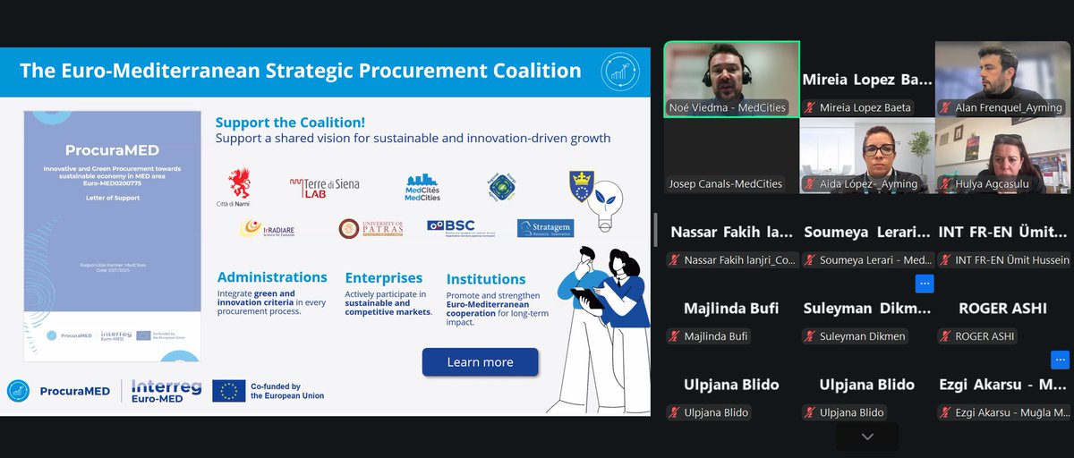 MedCities's tweet photo. 🧐Capitalisation webinar of the @_ProcuraMED project bringing together Mediterranean local authorities to strengthen their capacity in Green Public Procurement  &amp; Public Procurement of Innovation, which gathered around 30 participants, including 8 MedCities representatives. https://t.co/24pLzyA20l