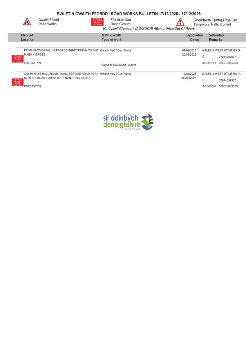 🚧🧑‍🏭👩‍🏭🚨Road Works Bulletin for Prestatyn and Meliden on 18/12/25