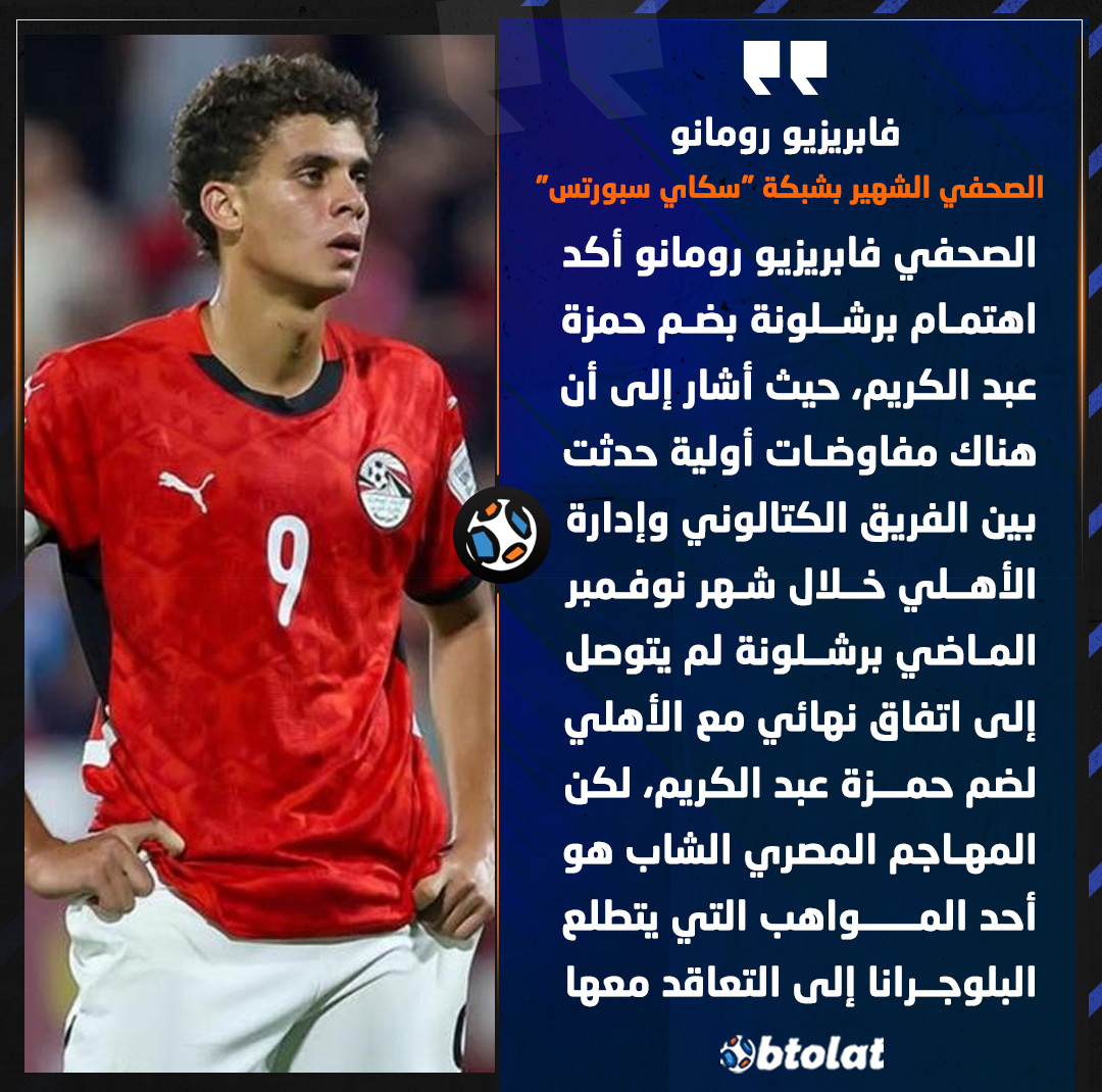 فابريزيو رومانو أكد اهتمام برشلونة بضم حمزة عبد الكريم، حيث أشار إلى أن هناك مفاوضات أولية حدثت بين الفريق الكتالوني وإدارة الأهلي خلال شهر نوفمبر الماضي 