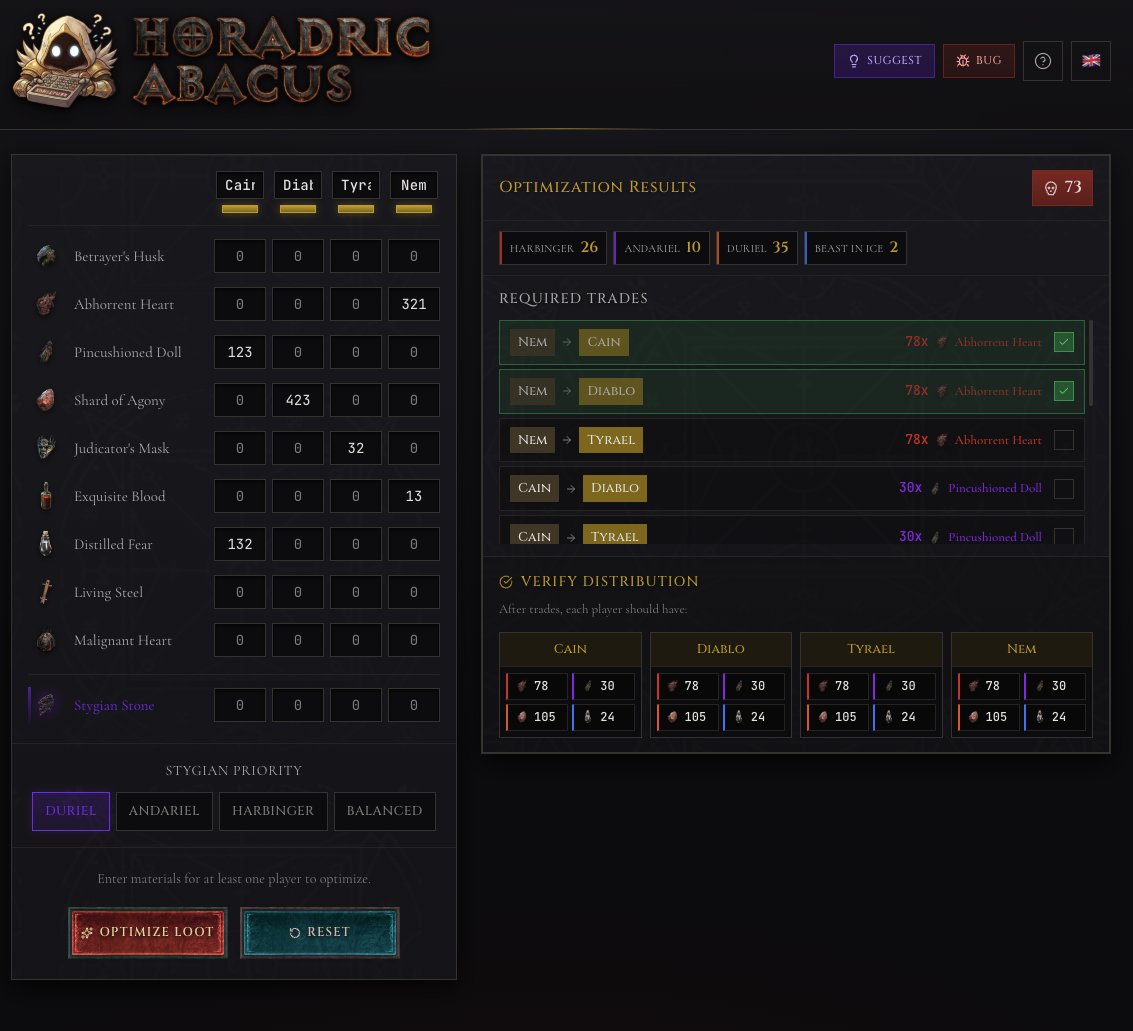 Selam dostlar 
D4'te boss dönerken "kimde kaç mat var", "kim kime ne verecek" hesabından  party olarak gına geldiği için yeni bir tool yaptım: Horadric Abacus.

Herkes elindeki malzemeyi giriyor; site size bu matlarla max kaç boss dönebileceğinizi ve kimin kime tam olarak ne