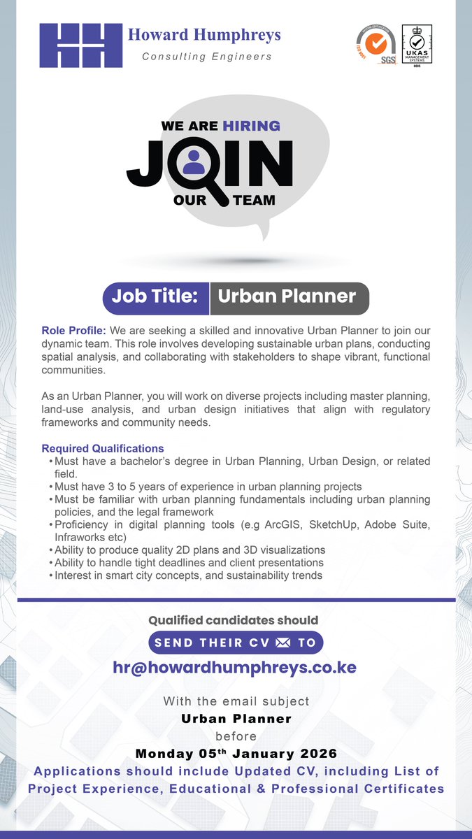 HHEALTD's tweet photo. 🚨 We’re hiring! 🚨 Howard Humphreys (East Africa) Ltd is looking for a skilled innovative Urban Planner to join our team. Qualified? Send your CV as per details in the poster 📷 #ElectricalEngineering #NairobiJobs #IkoKazi https://t.co/s94ZdqEnEy