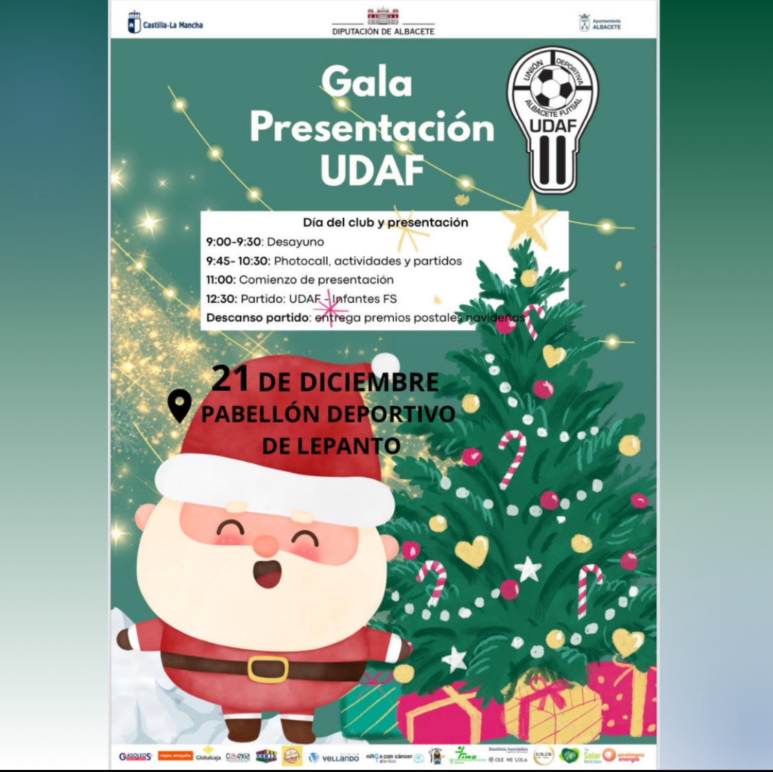 UDAFalbafutsal's tweet photo. 𝐆𝐀𝐋𝐀 𝐏𝐑𝐄𝐒𝐄𝐍𝐓𝐀𝐂𝐈𝐎́𝐍🤩

📅21 de Diciembre
🏟️Pabellon de Lepanto

⏰:
9:00-9:30h Desayuno 🥞☕️
9:45-10:30h Photocall, actividades y partidos. 📸
11:00h Comienzo de presentación.
12:30h Partido UDAF 🆚 Infantes FS

⏸️Descanso: Entrega premios postales navideñas. https://t.co/m946cyR4Sy