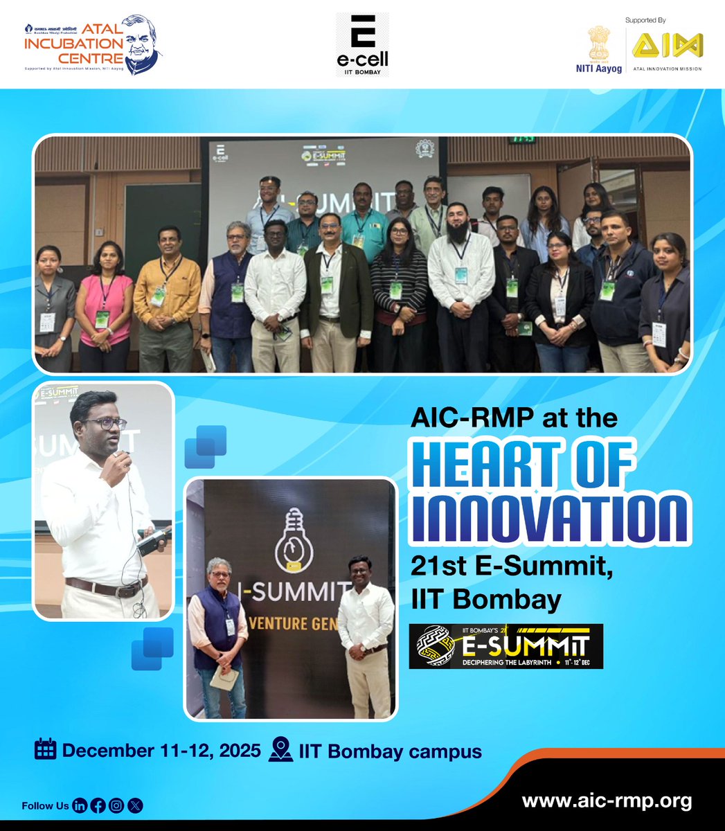 AIC-RMP participated in the Incubator Summit at the E-Summit, IIT Bombay on 11th Dec 2025. Our team represented by Sachindra Kamble &amp; mentor Pradeep Malu engaged with startups and ecosystem leaders, strengthening collaboration and innovation.
#ESummit #IITBombay #StartupEcosystem