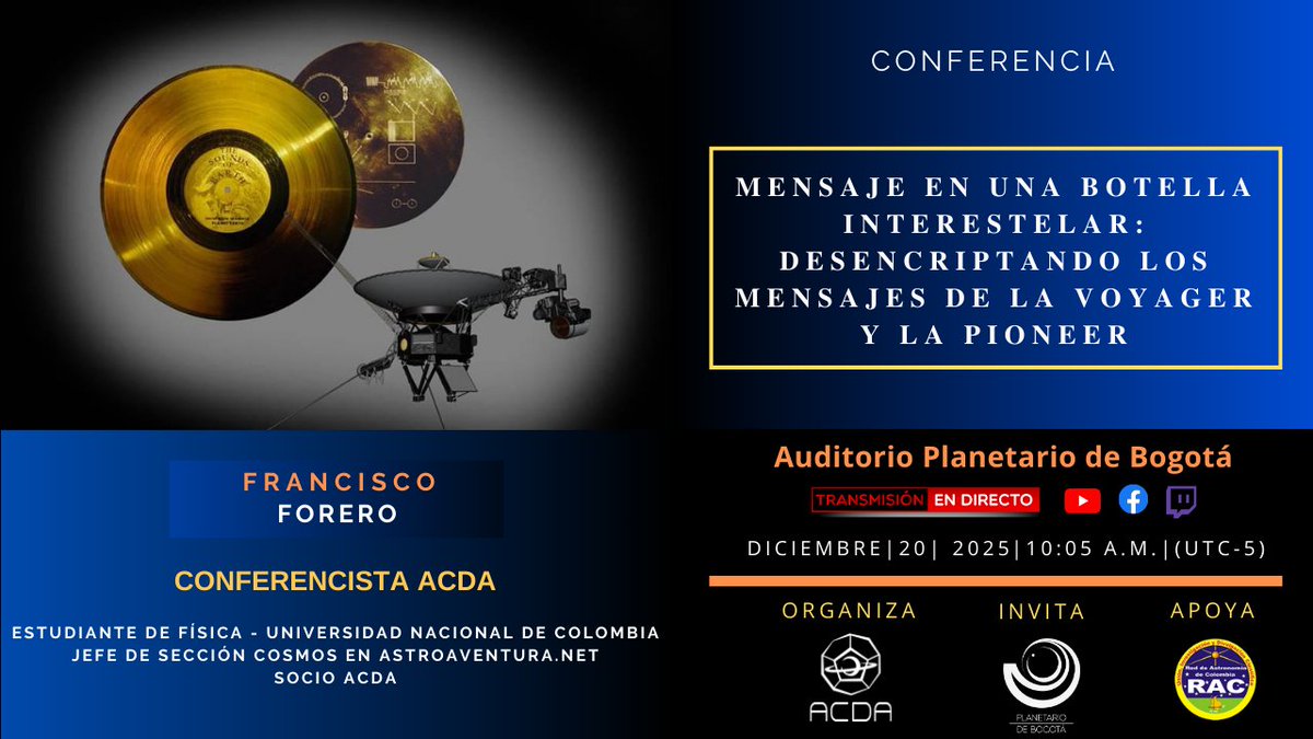 Presencial
PLANETARIO DE BOGOTÁ
AUDITORIO – ENTRADA LIBRE

Transmitido en directo
PLATAFORMAS VIRTUALES ACDA

YouTube
youtube.com/@AcdaInfo/stre…

Facebook live
facebook.com/ACDA-103185229…

Twitch
twitch.tv/acda_col/sched…...

facebook.com/share/p/17ZhUg…