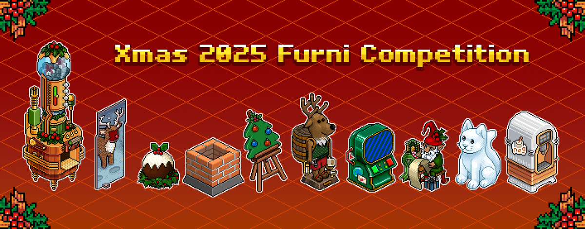 HabboOrigins's tweet photo. 🎄 WINNERS: Christmas furni design competition!

SO MANY AMAZING ENTRIES! we're feeling properly festive now, thank you to everyone that entered 🫶

you can see the top 10 below, check our website article for the 10 runners up and full commentary from judge @H_Stronghandle!