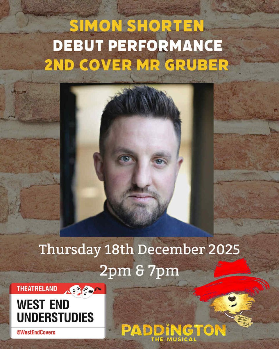 WestEndCovers's tweet photo. Today will be the DEBUT of Simon Shorten (#SimonShorten) in the role of
MR GRUBER at #PaddingtonMusical! #2ndcover #debut https://t.co/i7SrY8904b