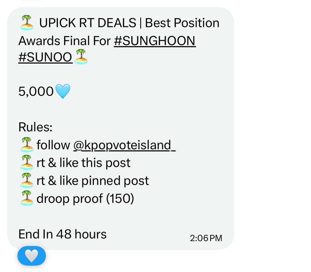 🏝️ UPICK RT DEALS |1Pick Awards Final For #SUNGHOON #SUNOO🏝️

5,000🩵

Rules:
🏝️follow <a href="/kpopvoteisland_/">SELL KPOP VOTE</a>
🏝️rt &amp; like this post
🏝️rt &amp; like pinned post
🏝️droop proof (150)

End In 48 hours