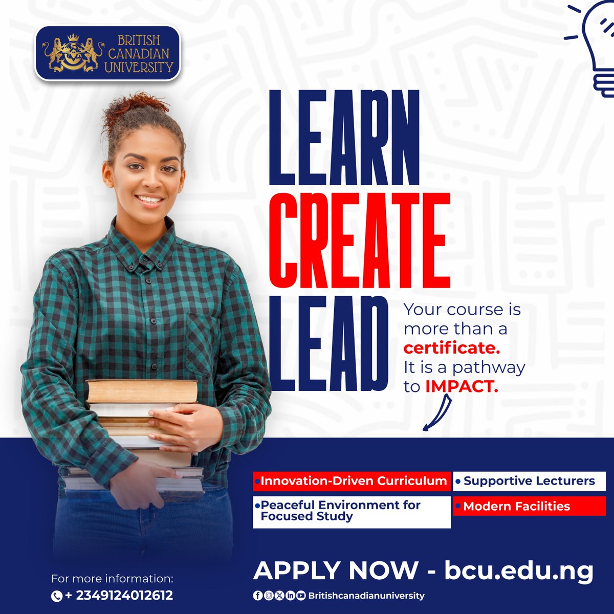 bcu_ng's tweet photo. Imagine a space where you learn with depth, create with confidence &amp; lead with purpose.

 BCU doesn't just give degrees—we provide your pathway to IMPACT

Apply Now!
Visit: https://t.co/WnkXx1mqHA

#britishcanadianuniversity #ApplyNow #University #study https://t.co/FR3XYO7NIr