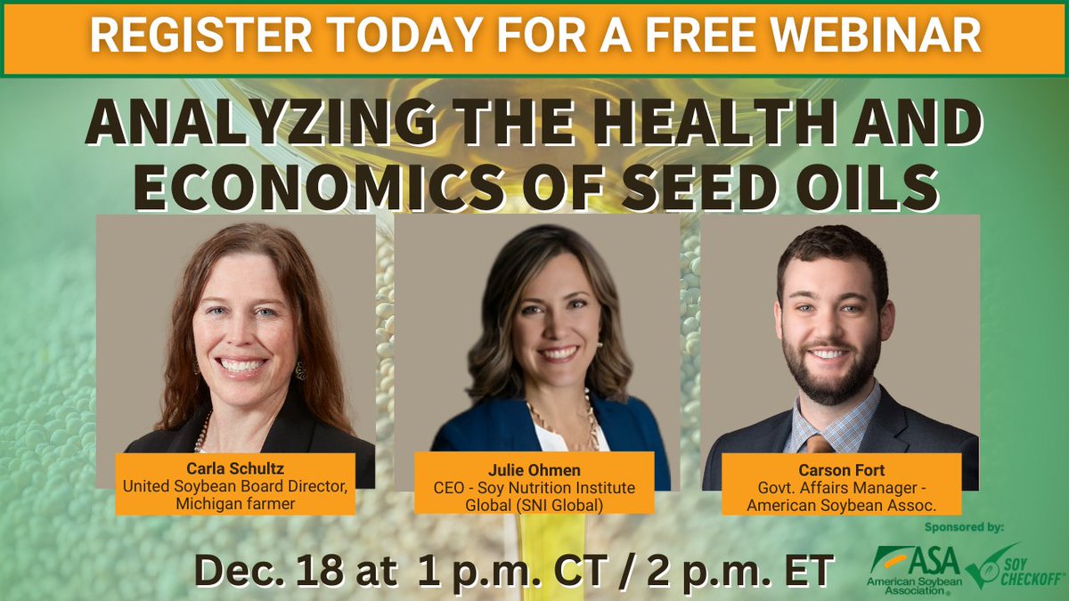 agripulse's tweet image. Join us Today at 1:00 PM CT for an expert-led webinar featuring research from SNI Global and new economic data on how vegetable oils help keep grocery costs affordable.
 Register now and get the facts
bit.ly/Dec18thWebinar
#SeedOils #NutritionScience #FoodPolicy #Webinar