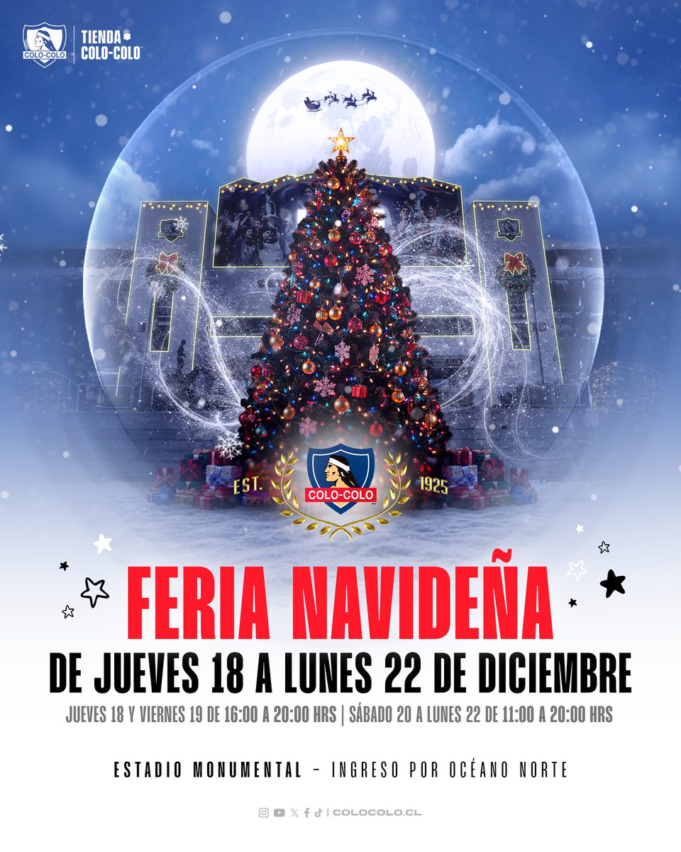 ¡𝐋𝐚 𝐍𝐚𝐯𝐢𝐝𝐚𝐝 𝐞𝐬 𝐚𝐥𝐛𝐚 𝐲 𝐬𝐞 𝐯𝐢𝐯𝐞 𝐞𝐧 𝐞𝐥 𝐌𝐨𝐧𝐮𝐦𝐞𝐧𝐭𝐚𝐥! 🤟🏻🎁 

Hoy comienza la Feria Navideña Colo-Colo 2025, el lugar ideal para encontrar los mejores productos oficiales y el regalo perfecto para todo hincha del Cacique 🎄⚪️⚫️ 

📍 Jueves 18 al lunes