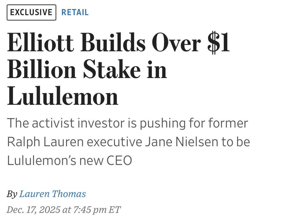 🚨🚨🚨

دخول "ثقيل" يقلب الطاولة في $LULU

صندوق Elliott الشرس (Activist Investor) يستحوذ على حصة تتجاوز 1 مليار دولار في $LULU ، والهدف هو إعادة هيكلة الإدارة وتغيير القيادات

خطط الصندوق:
- إقالة الرئيس التنفيذي الحالي Calvin McDonald (المقرر خروجه أصلاً في يناير)
- تعيين Jane