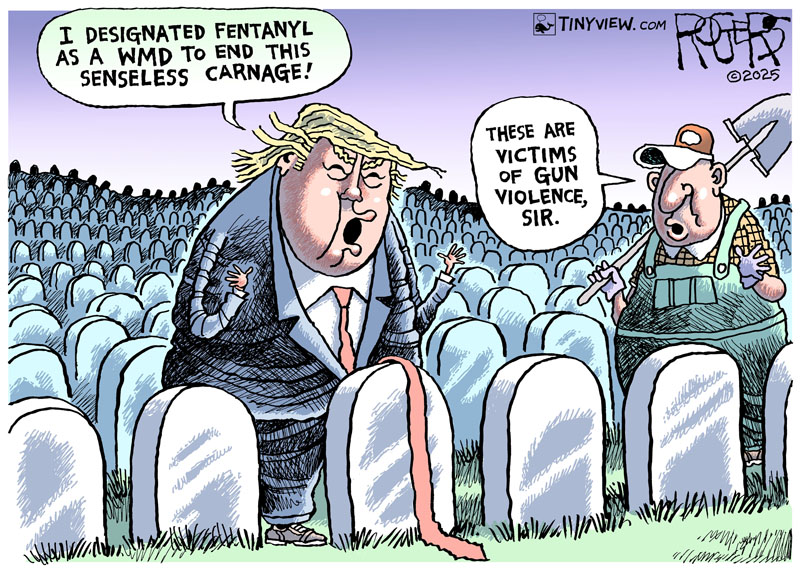 Trump is attempting to justify his war crimes by labeling illegal fentanyl as WMDs. Meanwhile, he could actually prevent senseless deaths if he wanted to. #Trump #fentanyl #Venezuela #WarCrimes #guns #shooting #massacre #NRA <a href="/TinyviewComics/">Tinyview Comics</a>