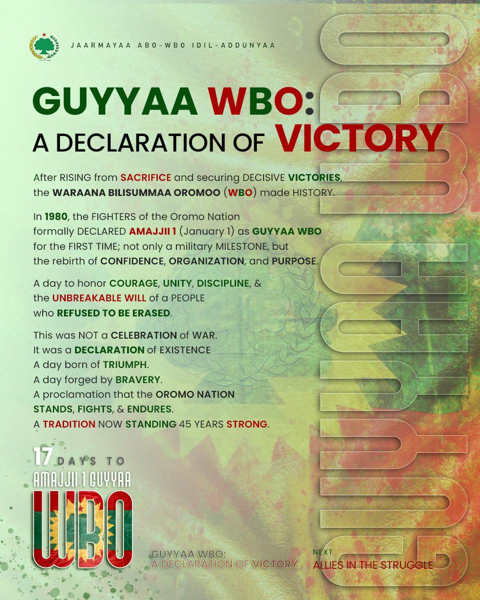 abawalo's tweet photo. Guyyaa WBO: A Declaration of Victory

In 1980, the Oromo Nation made history.

Guyyaa WBO was declared, not as a celebration of war, but as a declaration of existence. https://t.co/R3MepVWMMi