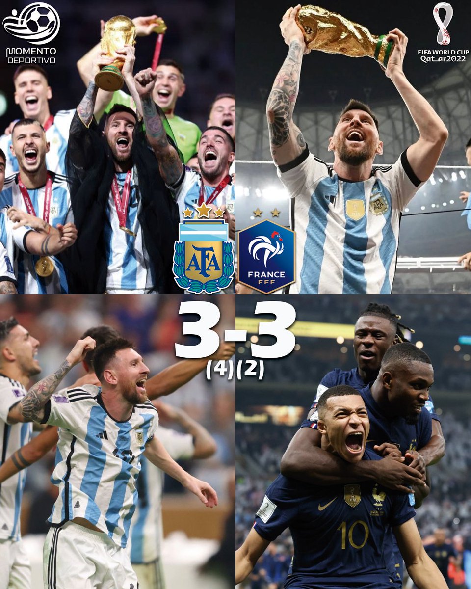 MDeportivope's tweet image. ¡SE CUMPLEN TRES AÑOS DE LA TERCERA! ⭐️⭐️⭐️

🔙 Un día como hoy, Argentina le ganaba la final a Francia en #Qatar2022 y gritaba CAMPEÓN DEL MUNDO por tercera vez en su historia. 🏆🇦🇷

⚽️ Lionel Messi 🇦🇷 (23' y 108')
⚽️ Ángel Di María 🇦🇷 (36')
⚽️ Kylian Mbappé 🇫🇷 (80', 81' y 118')
