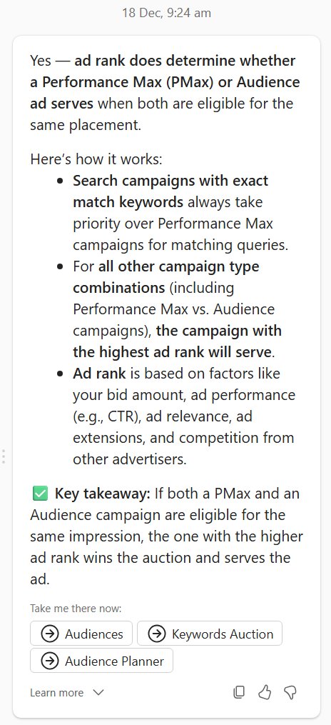 Reminder: On <a href="/MSFTAdvertising/">Microsoft Advertising</a>, you can serve on AI surfaces with Search, Shopping, Multimedia, and PMax campaigns. 

Exact match will get the priority if it's there, otherwise Ad Rank determines everything (this applies to Audience ads as well).

#ppc #ppcchat