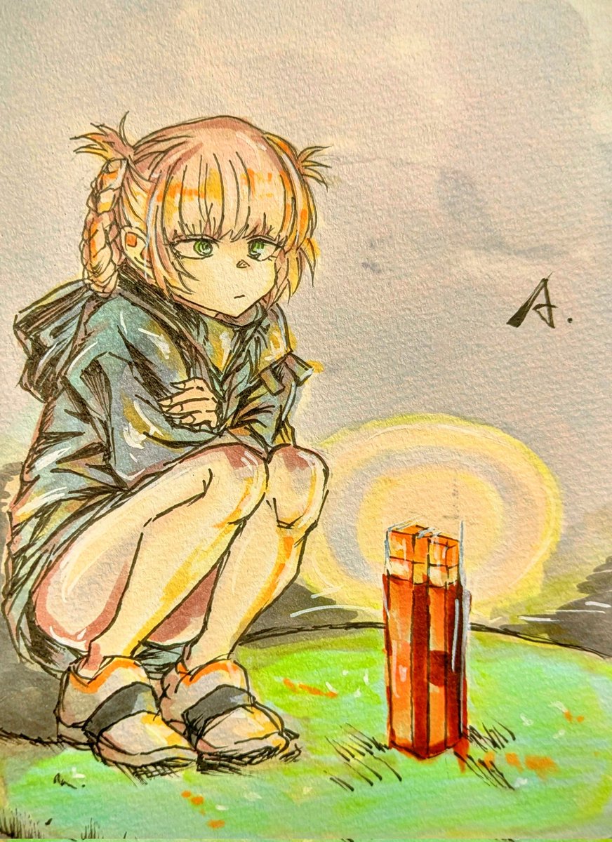 今夜もよふかし🌃絵柄着彩練習🖊
デジタル塗りか迷った末のアナログ🎨
ナズナちゃんでひと息…
#眷属の会🦇　#コトヤマ先生　#FA
#よふかしのうた　#３期熱望