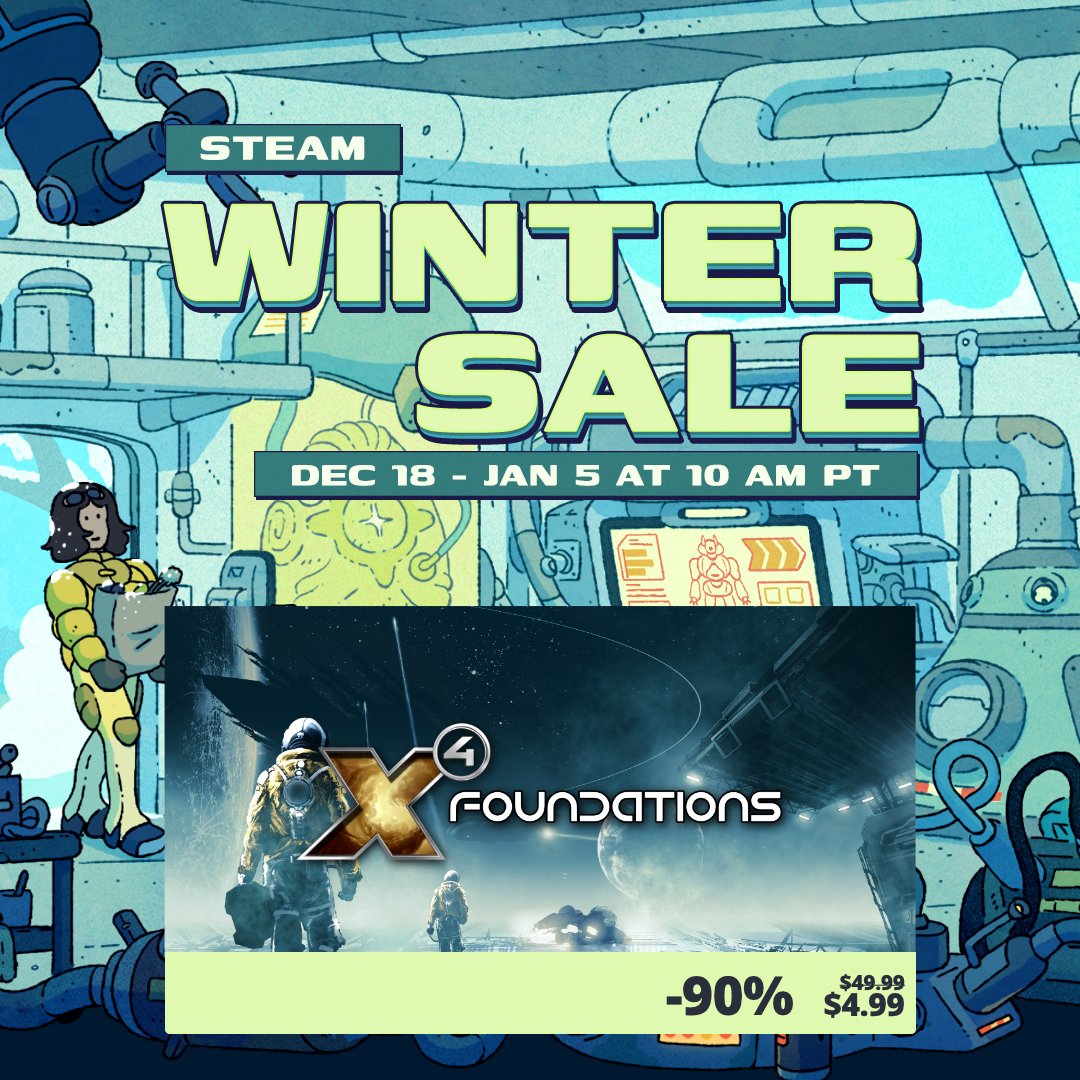 🛒 Get #X4Foundations 90% off on Steam
🔗 store.steampowered.com/developer/egos…
🎵 Flying beyond the stars,
☃️ Winter sale is here,
 🚀 X4’s 90% off,
🤯 Best deal of the year!
👀 First time ever seen,
🎮 Now’s the chance to play,
🪐 Build empires, Trade and Fight,
😁 Invite your friends today!