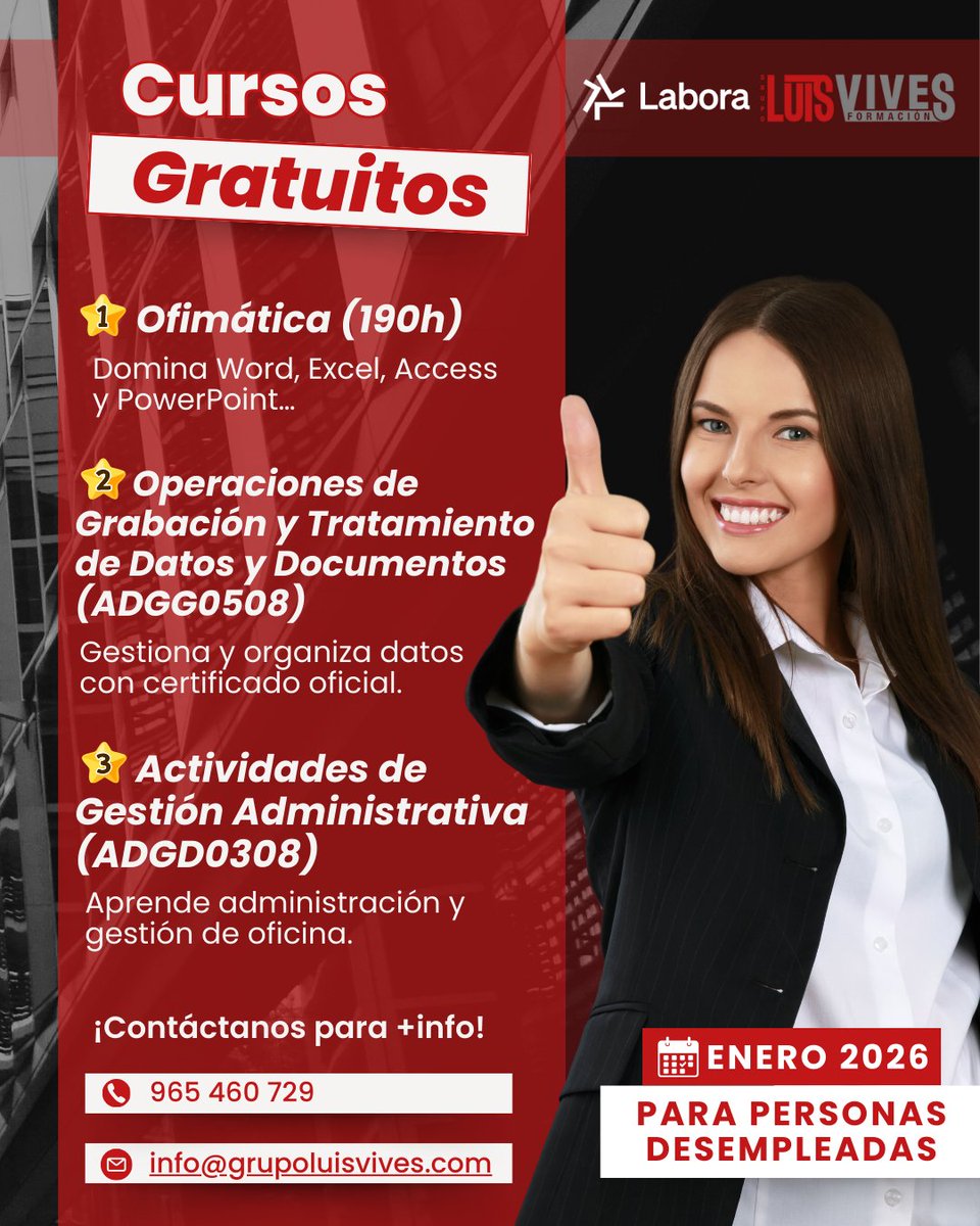 LVformacion's tweet photo. 🔥 Empieza 2026 invirtiendo en tu futuro
🎓 Cursos GRATUITOS con certificación oficial
📅 Inicio: enero 2026
👩‍💼 Para personas desempleadas
📞 965 460 729 | 📧 info@grupoluisvives.com

#CursosGratis #Formación2026 #Empleabilidad #BuscarTrabajo https://t.co/el9XmWopgx