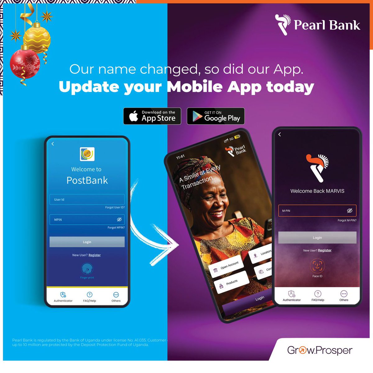 PostBank is now Pearl Bank 
Same trusted service, new name &amp; app.
Update your mobile app today!
#PearlBankUg #YourGovtBank