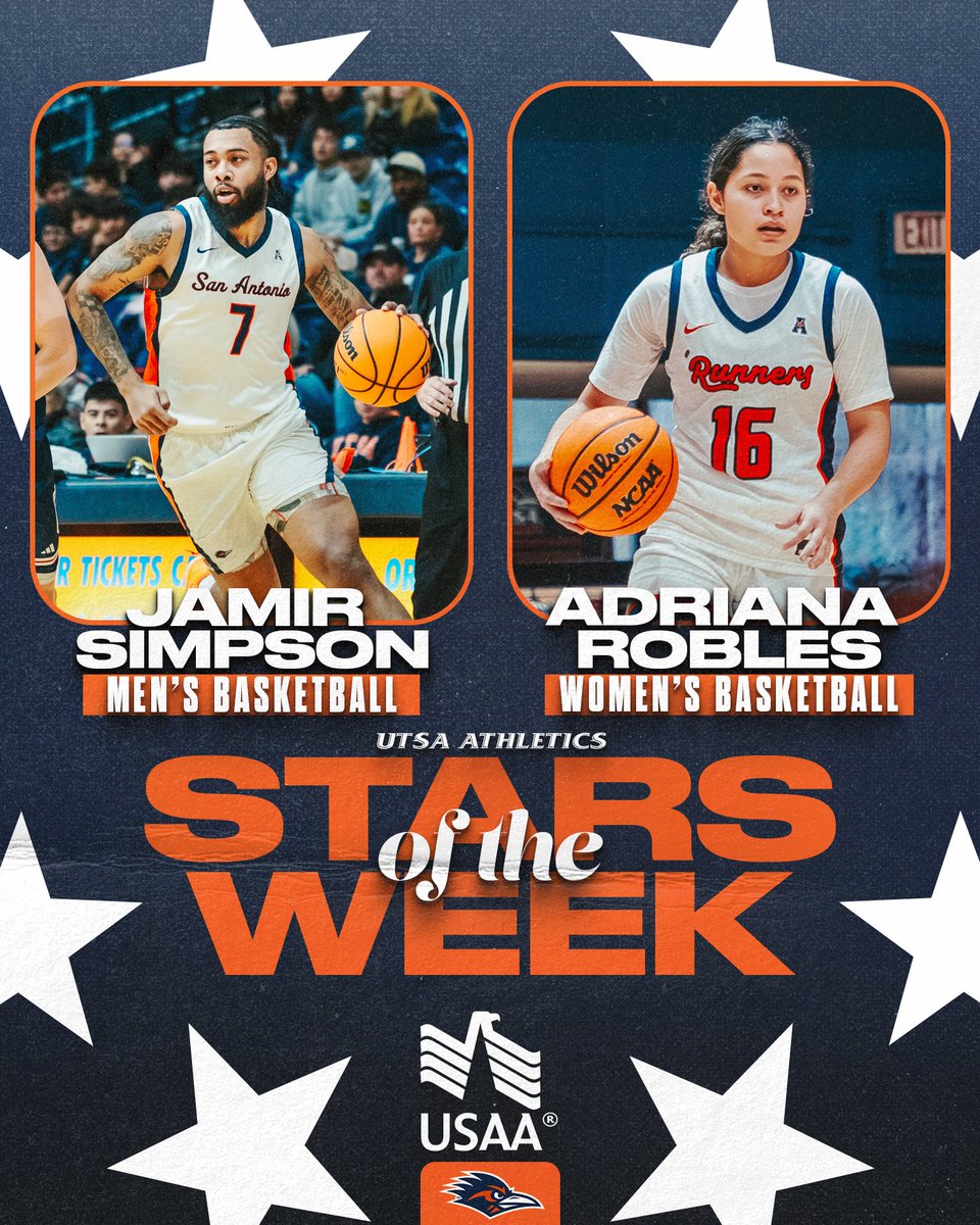 Recognizing the <a href="/USAA/">USAA</a> UTSA Athletics Stars of the Week!

⭐️Jamir Simpson, <a href="/UTSAMBB/">UTSA Men's Basketball</a> 
⭐️Adriana Robles, <a href="/UTSAWBB/">UTSA Women’s Basketball</a> 

#BirdsUp 🤙 #LetsGo210