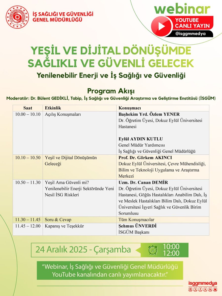 🌱 Yeşil ve Dijital Dönüşümde Sağlıklı ve Güvenli Gelecek
🔋 Yenilenebilir Enerji ve İş Sağlığı ve Güvenliği
Dokuz Eylül Üniversitesi akademisyenleri ile düzenleyeceğimiz webinarımızda; yeşil ve dijital dönüşüm sürecinde iş sağlığı ve güvenliğinin yeri, yenilenebilir enerji
