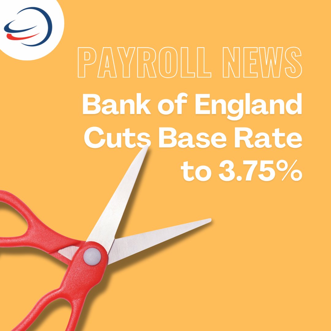 payrollcentre's tweet photo. 📢 Payroll Update!

The Bank of England has cut the base rate to 3.75% after a close vote. This impacts HMRC interest rates: 
➡️ Late payment interest: +2.5% 
➡️ Repayment interest: -1% (min 0.5%)

Next decision on Feb 5, 2026! 

#BankOfEngland #InterestRates #HMRC #PayrollUpdate https://t.co/rQRgGEgZRs