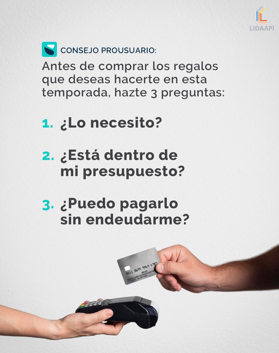 ¿Cómo aprovechar mejor tu doble sueldo o bono navideño? Así se titula un artículo reciente publicado por ProUsuario que nos deja con esta reflexión a la hora de hacer las compras navideñas. En esta época del año, cuidemos nuestras finanzas.

#LIDAAPI #AAyP