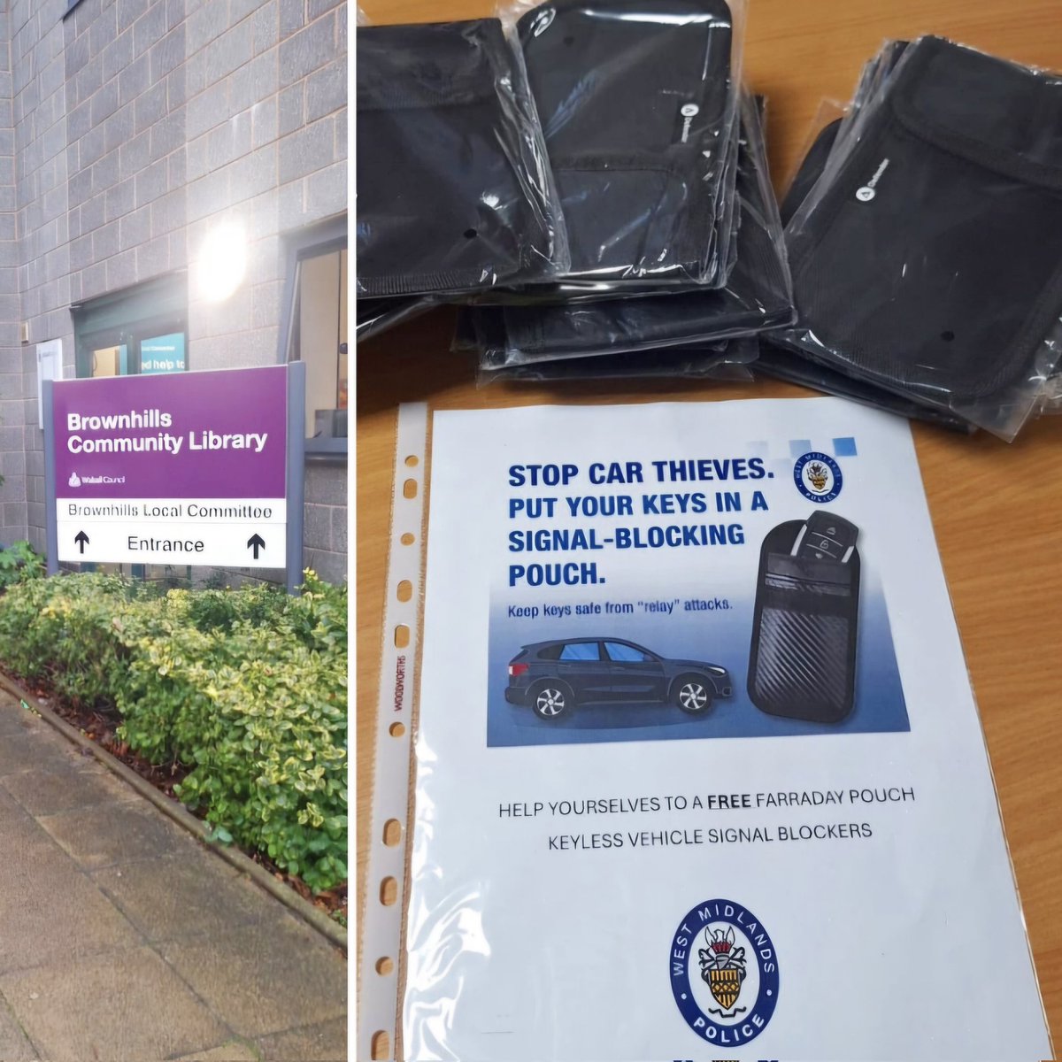🚨 Police information 🗨👮🏼‍♀️

For all local residents.

🚙 A supply of faraday pouches have been left @ Brownhills Library for you to grab one. This is due to a number of reports of keyless entry vehicle crime. 

🚗 Dont forgot to keep your spare key in the pouch! 🔑

🎄 Keep safe