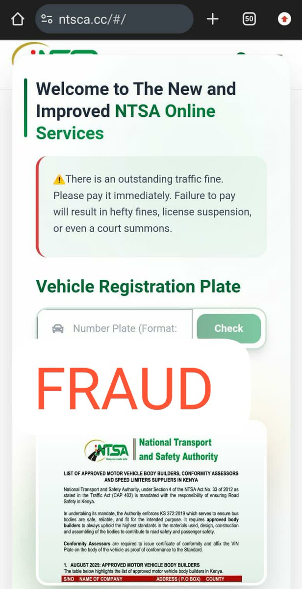 ntsa_kenya's tweet photo. FRAUD ALERT: We have received reports of fraudsters sending SMS messages to members of the public, urging them to pay alleged traffic violation fines through a specified link by a deadline.

Please be informed that the website mentioned in these messages *(https://t.co/RX9v6XTzhG)* is not affiliated with or operated by NTSA. 

We are actively collaborating with relevant investigative agencies to address this issue.

To protect yourself and others, kindly follow these steps:

1. Do not click: Avoid clicking any links included in the suspicious SMS

2. Do not reply: Refrain from responding to the message.

3. Do not pay: Never make payments through the provided platform. If you have already done so, contact your bank immediately to block or reverse the transaction

4. Delete the message: Remove the fraudulent SMS from your device right away

NOTE: 
1. For notifications, our official SMS short names are NTSA and 22847_NTSA
2. Our official website is https://t.co/AftYEYjSRn

For assistance or inquiries, please contact NTSA through info@ntsa.go.ke.