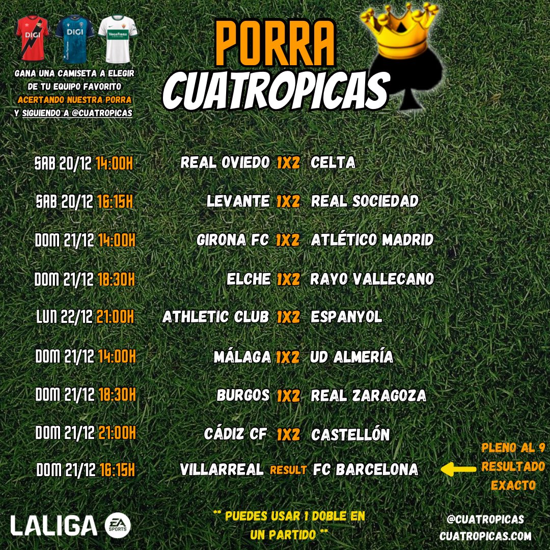 ♠️♠️♠️♠️

Vamos con la #Porra4Picas 🎯 de esta semana.

Acierta los 9 resultados y gana una camiseta 👕🎁 a tu elección. 

Recuerda: 8 resultados a 1X2 🎲 (puedes usar un Doble) y el "Pleno al 9" con el resultado exacto 🧐