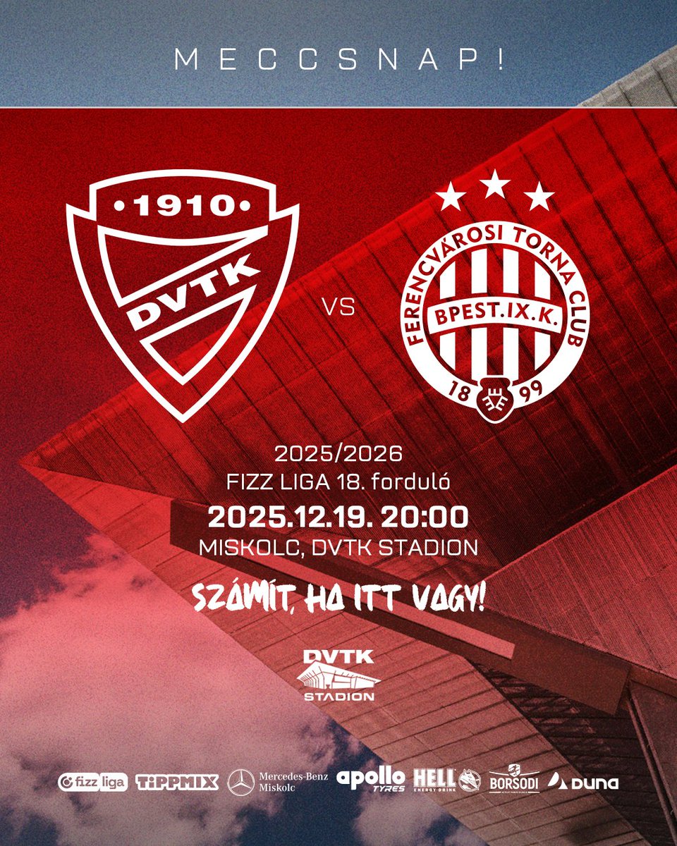 DVTKeu's tweet photo. 🔥 MECCSNAP 🔥

⚽ #DVTK - @Fradi_HU
🏆 Fizz Liga 18. forduló
🏟️ Miskolc, DVTK Stadion
📅 2025. december 19., péntek
⌚ 20:00
📺 M4 Sport
💻 https://t.co/61K3iSp5OF
📱 https://t.co/poHvuUNzHv
🎫 https://t.co/hu6Bo0P5up https://t.co/3Gob9xEGM0