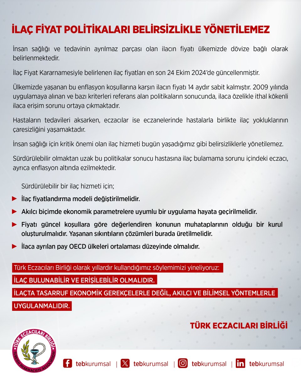 İLAÇ FİYAT POLİTİKALARI BELİRSİZLİKLE YÖNETİLEMEZ

İnsan sağlığı ve tedavinin ayrılmaz parçası olan ilacın fiyatı ülkemizde dövize bağlı olarak belirlenmektedir.
İlaç Fiyat Kararnamesiyle belirlenen ilaç fiyatları en son 24 Ekim 2024’de güncellenmiştir.

Ülkemizde yaşanan bu