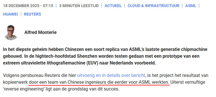 "door een team van Chinese ingenieurs die eerder voor #ASML werkten."

Je mag toch hopen🙏 dat dit fake news is

computable.nl/2025/12/18/geh…
<a href="/geenstijl/">GeenStijl</a> <a href="/BartNijman/">Bart Nijman</a>